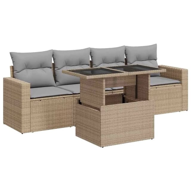 vidaXL 5-Tlg Garten-Sofagarnitur mit Kissen Beige Poly Rattan 3326240