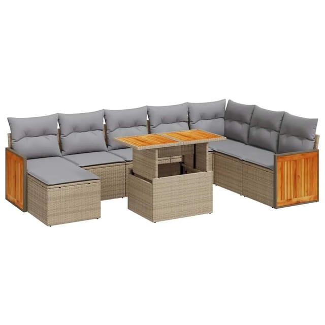 vidaXL 9-Tlg Garten-Sofagarnitur mit Kissen Beige Poly Rattan Akazie 3327748