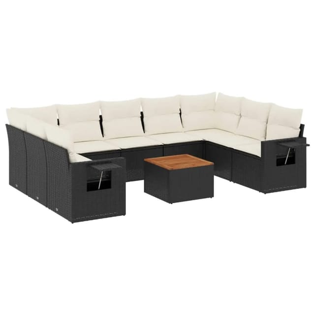 vidaXL 10-Tlg Garten-Sofagarnitur mit Kissen Schwarz Poly Rattan 3257036