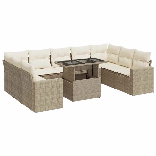 vidaXL 10-Tlg Garten-Sofagarnitur mit Kissen Beige Poly Rattan 3326379
