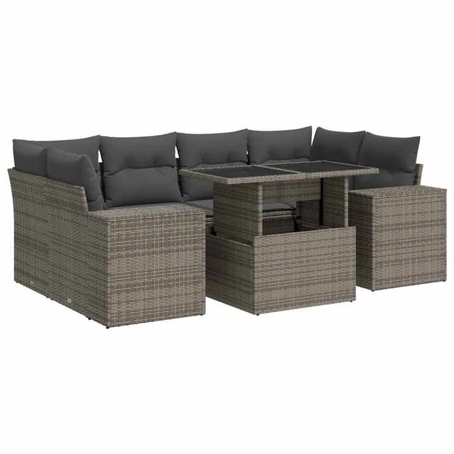 vidaXL 7-Tlg Garten-Sofagarnitur mit Kissen Grau Poly Rattan 3326751