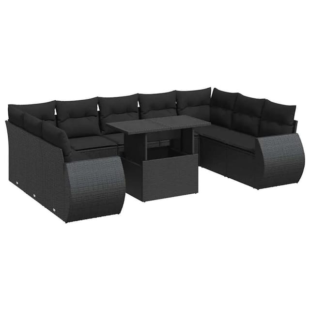 vidaXL 10-Tlg Garten-Sofagarnitur mit Kissen Schwarz Poly Rattan 3326696