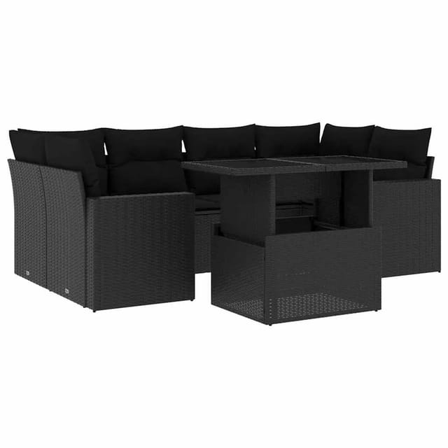 vidaXL 7-Tlg Garten-Sofagarnitur mit Kissen Schwarz Poly Rattan 3267125