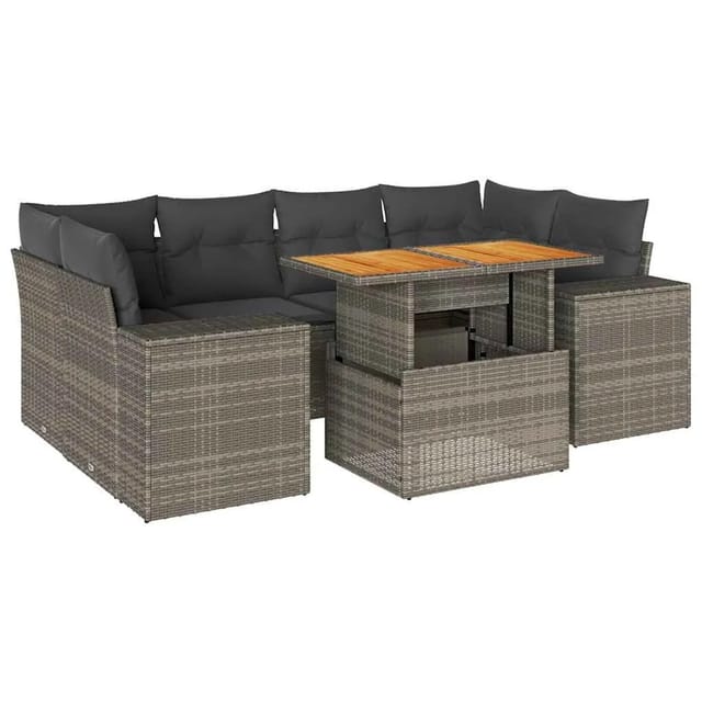 vidaXL 7-Tlg Garten-Sofagarnitur mit Kissen Grau Poly Rattan 3327343
