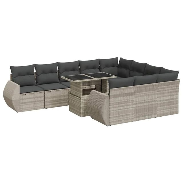 vidaXL 11-Tlg Garten-Sofagarnitur mit Kissen Hellgrau Poly Rattan 3326713