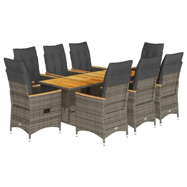 vidaXL 9-Tlg Garten-Essgruppe mit Kissen Grau Poly Rattan 3276853