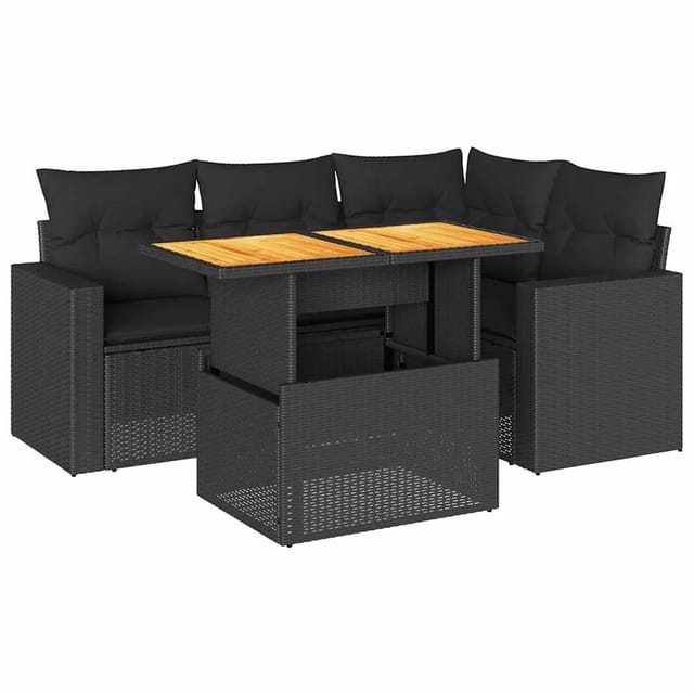 vidaXL 5-Tlg Garten-Sofagarnitur mit Kissen Schwarz Poly Rattan 3327030