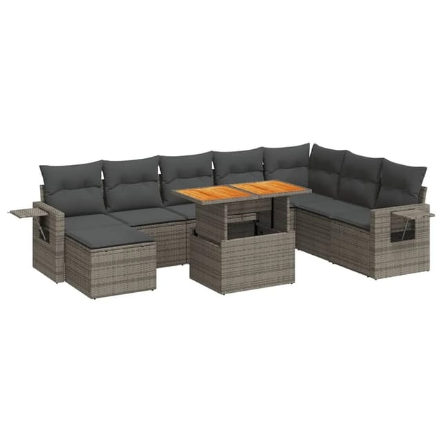 vidaXL 9-Tlg Garten-Sofagarnitur mit Kissen Grau Poly Rattan 3327189