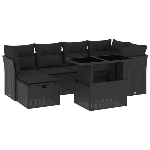 vidaXL 7-Tlg Garten-Sofagarnitur mit Kissen Schwarz Poly Rattan 3274655