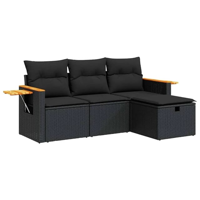 vidaXL 4-Tlg Garten-Sofagarnitur mit Kissen Schwarz Poly Rattan 3325947
