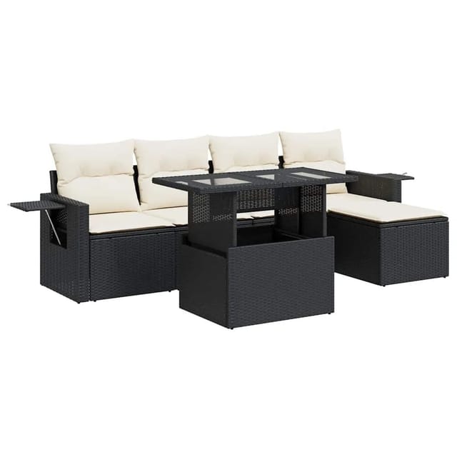 vidaXL 6-Tlg Garten-Sofagarnitur mit Kissen Schwarz Poly Rattan 3326457