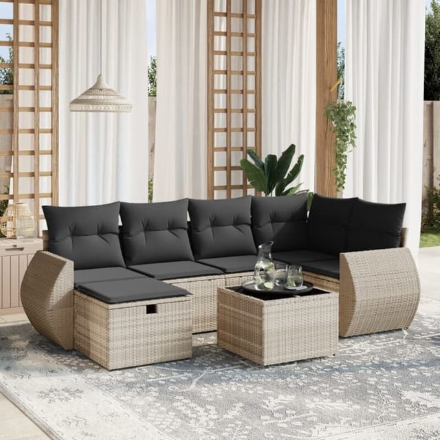 vidaXL 7-Tlg Garten-Sofagarnitur mit Kissen Hellgrau Poly Rattan 3264118