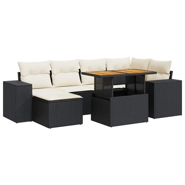 vidaXL 7-Tlg Garten-Sofagarnitur mit Kissen Schwarz Poly Rattan 3327395