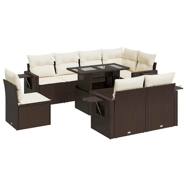 vidaXL 9-Tlg Garten-Sofagarnitur mit Kissen Braun Poly Rattan 3326504