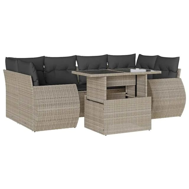 vidaXL 7-Tlg Garten-Sofagarnitur mit Kissen Hellgrau Poly Rattan 3268392