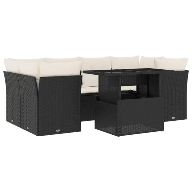 vidaXL 7-Tlg Garten-Sofagarnitur mit Kissen Schwarz Poly Rattan 3266376