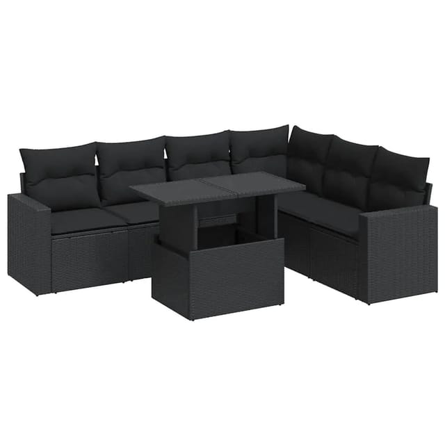 vidaXL 7-Tlg Garten-Sofagarnitur mit Kissen Schwarz Poly Rattan 3326326