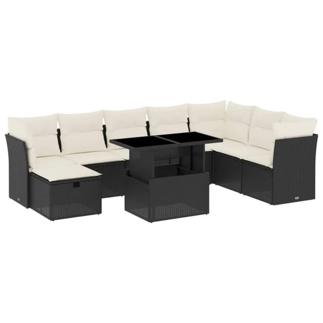vidaXL 9-Tlg Garten-Sofagarnitur mit Kissen Schwarz Poly Rattan 3274706