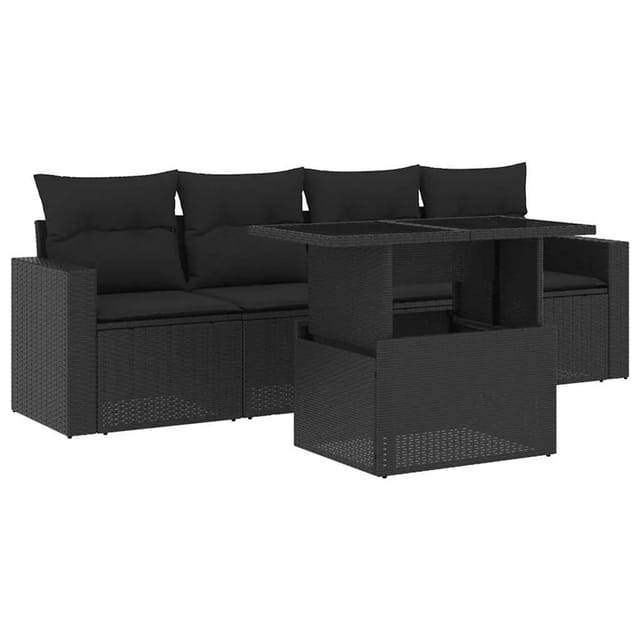 vidaXL 5-Tlg Garten-Sofagarnitur mit Kissen Schwarz Poly Rattan 3267095