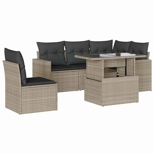 vidaXL 6-Tlg Garten-Sofagarnitur mit Kissen Hellgrau Poly Rattan 3267282
