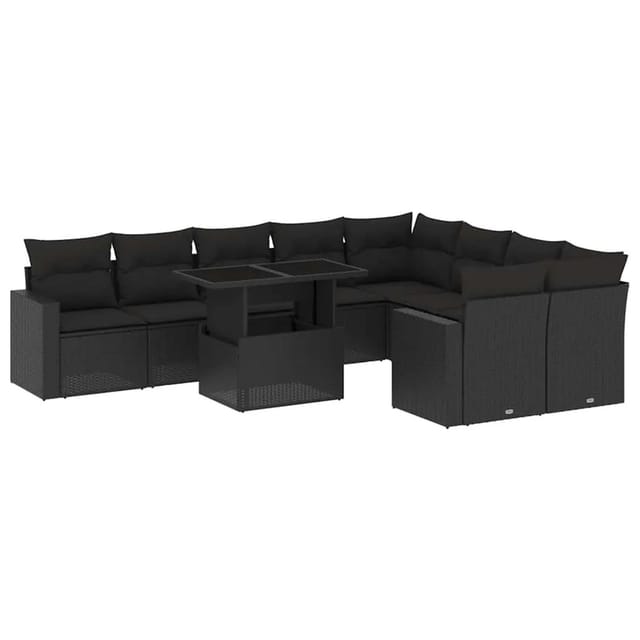vidaXL 10-Tlg Garten-Sofagarnitur mit Kissen Schwarz Poly Rattan 3267495