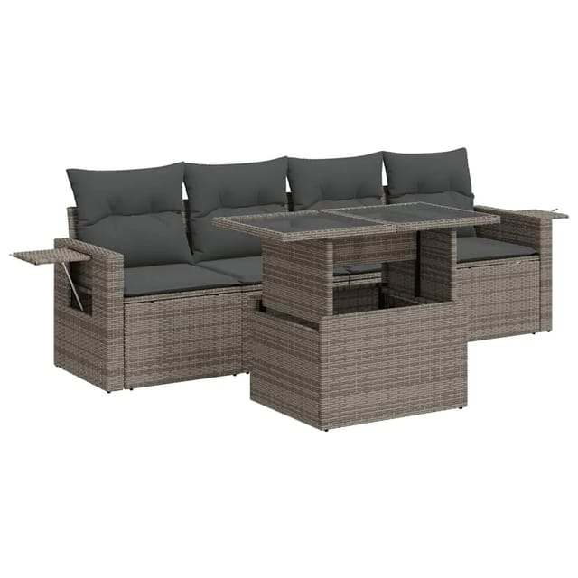 vidaXL 5-Tlg Garten-Sofagarnitur mit Kissen Grau Poly Rattan 3326401