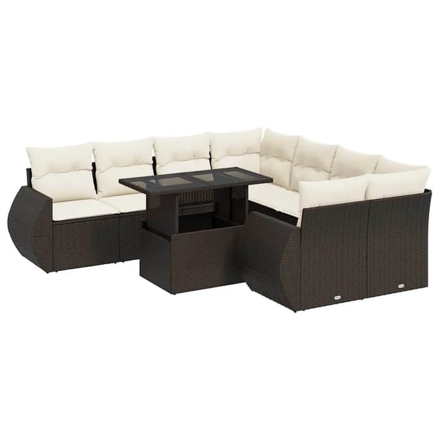 vidaXL 9-Tlg Garten-Sofagarnitur mit Kissen Braun Poly Rattan 3326614