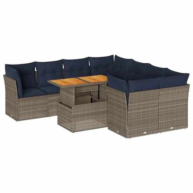 vidaXL 9-Tlg Garten-Sofagarnitur mit Kissen Grau Poly Rattan 3326910