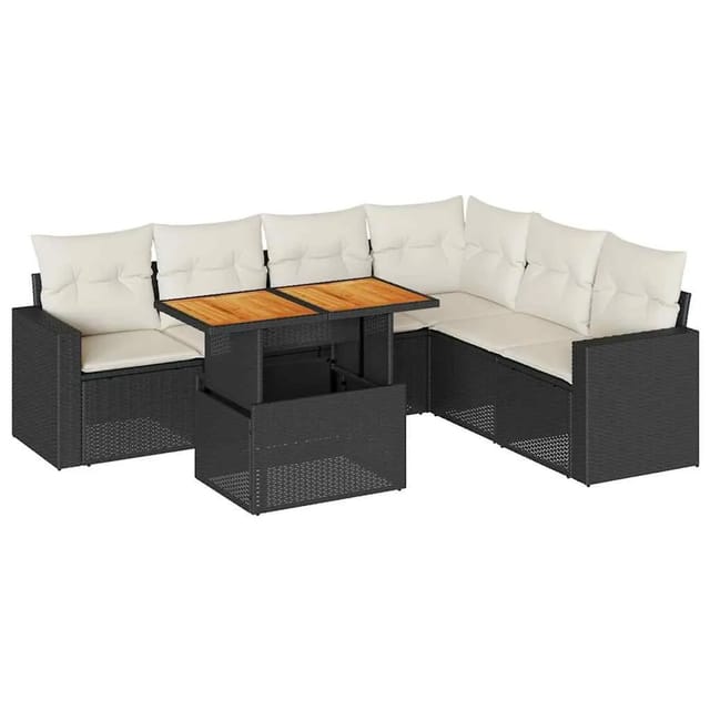 vidaXL 7-Tlg Garten-Sofagarnitur mit Kissen Schwarz Poly Rattan 3327045