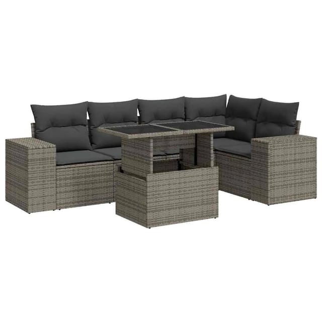 vidaXL 6-Tlg Garten-Sofagarnitur mit Kissen Grau Poly Rattan 3326801