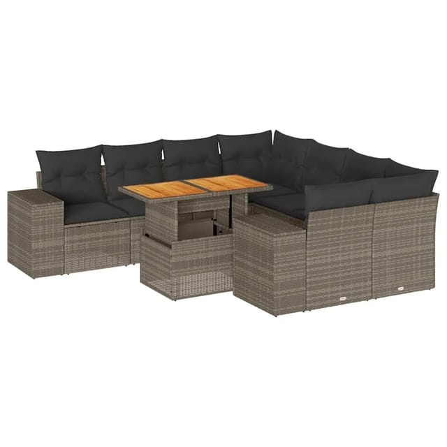 vidaXL 9-Tlg Garten-Sofagarnitur mit Kissen Grau Poly Rattan 3327357