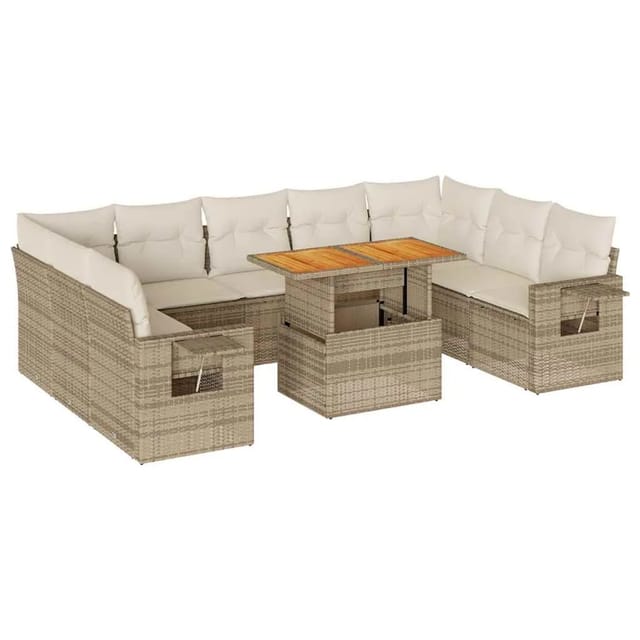 vidaXL 10-Tlg Garten-Sofagarnitur mit Kissen Beige Poly Rattan 3327194