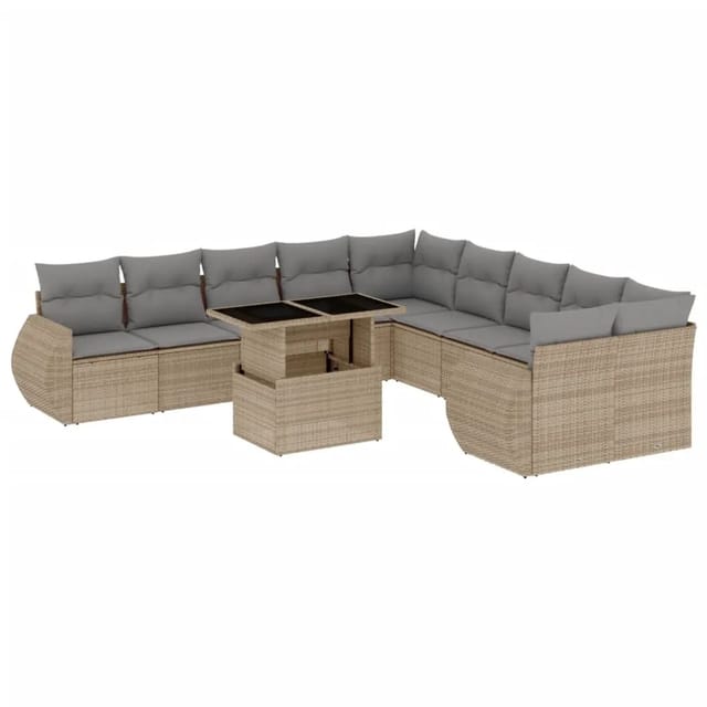 vidaXL 11-Tlg Garten-Sofagarnitur mit Kissen Beige Poly Rattan 3268799