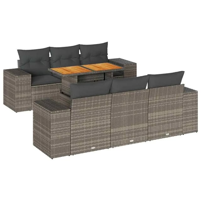 vidaXL 7-Tlg Garten-Sofagarnitur mit Kissen Grau Poly Rattan 3327336
