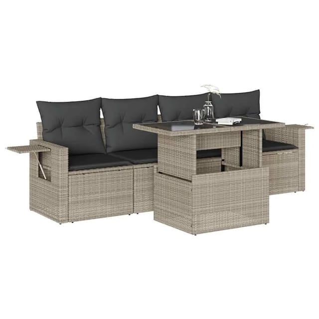 vidaXL 5-Tlg Garten-Sofagarnitur mit Kissen Hellgrau Poly Rattan 3267732