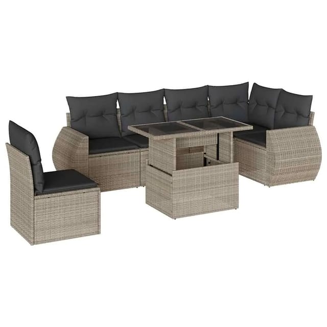 vidaXL 7-Tlg Garten-Sofagarnitur mit Kissen Hellgrau Poly Rattan 3268572