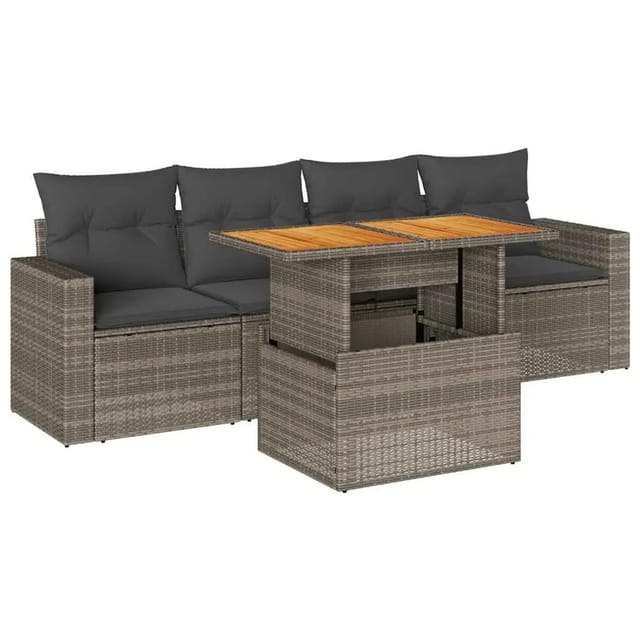 vidaXL 5-Tlg Garten-Sofagarnitur mit Kissen Grau Poly Rattan 3326986