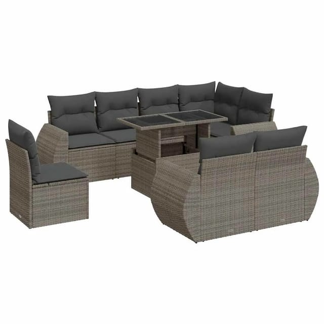 vidaXL 9-Tlg Garten-Sofagarnitur mit Kissen Grau Poly Rattan 3326661