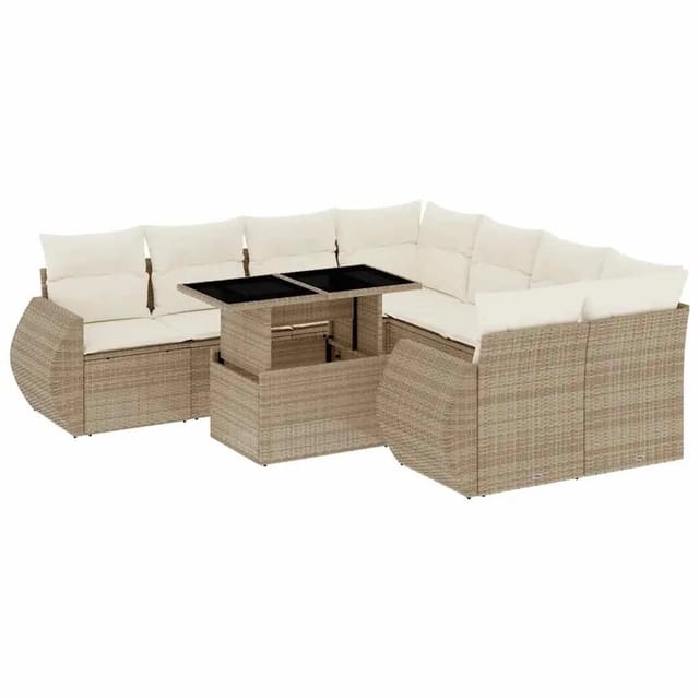 vidaXL 9-Tlg Garten-Sofagarnitur mit Kissen Beige Poly Rattan 3268428