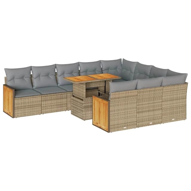 vidaXL 11-Tlg Garten-Sofagarnitur mit Kissen Beige Poly Rattan Akazie 3327762