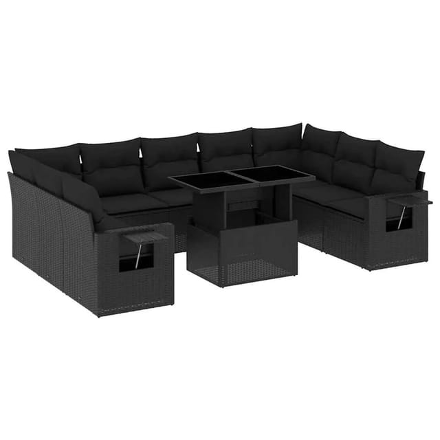 vidaXL 10-Tlg Garten-Sofagarnitur mit Kissen Schwarz Poly Rattan 3268105
