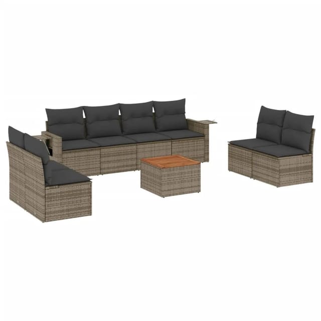 vidaXL 9-Tlg Garten-Sofagarnitur mit Kissen Grau Poly Rattan 3256858