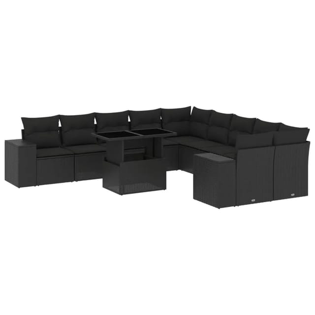 vidaXL 11-Tlg Garten-Sofagarnitur mit Kissen Schwarz Poly Rattan 3269425