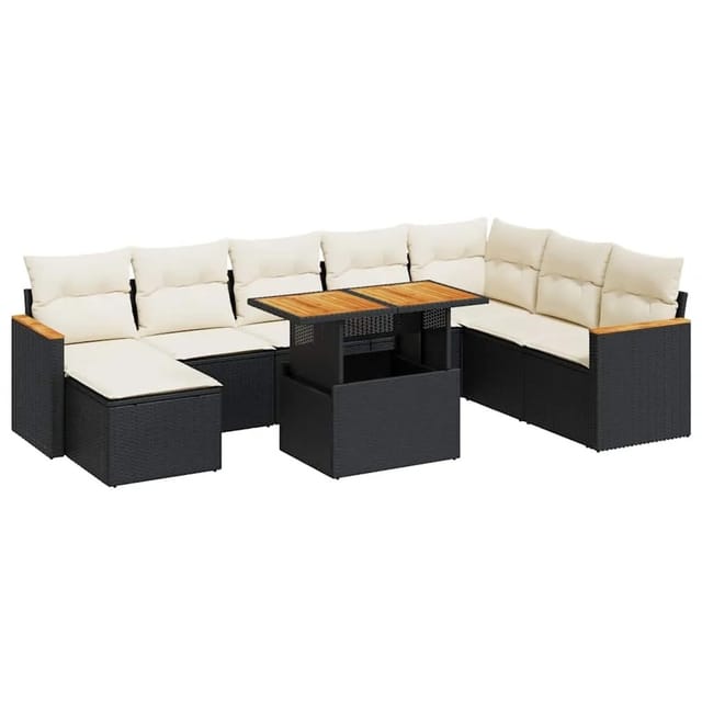 vidaXL 9-Tlg Garten-Sofagarnitur mit Kissen Schwarz Poly Rattan 3327521