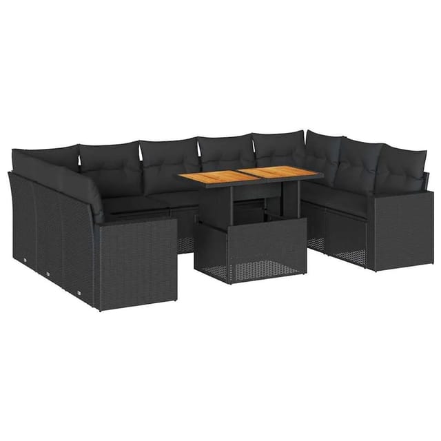 vidaXL 10-Tlg Garten-Sofagarnitur mit Kissen Schwarz Poly Rattan 3327079