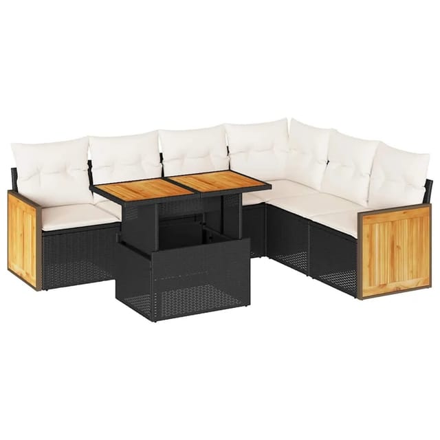 vidaXL 7-Tlg Garten-Sofagarnitur mit Kissen Schwarz Poly Rattan 3327717