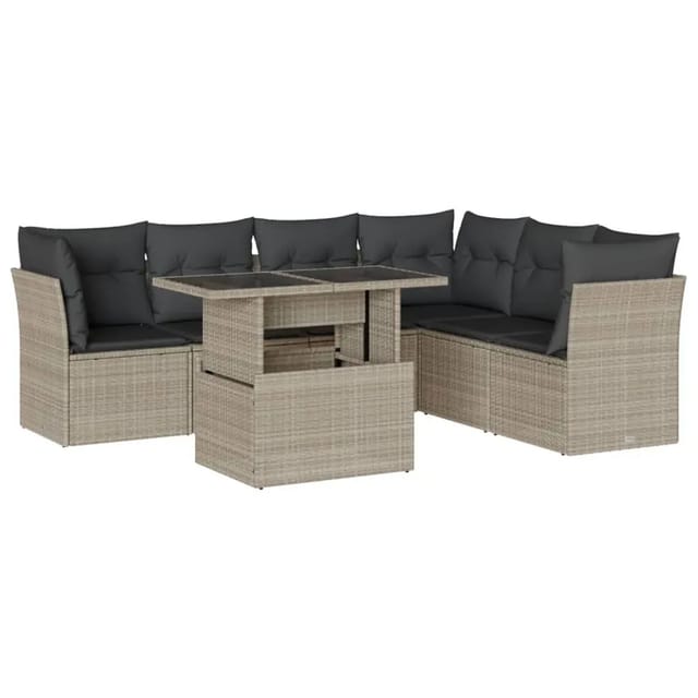 vidaXL 7-Tlg Garten-Sofagarnitur mit Kissen Hellgrau Poly Rattan 3266612