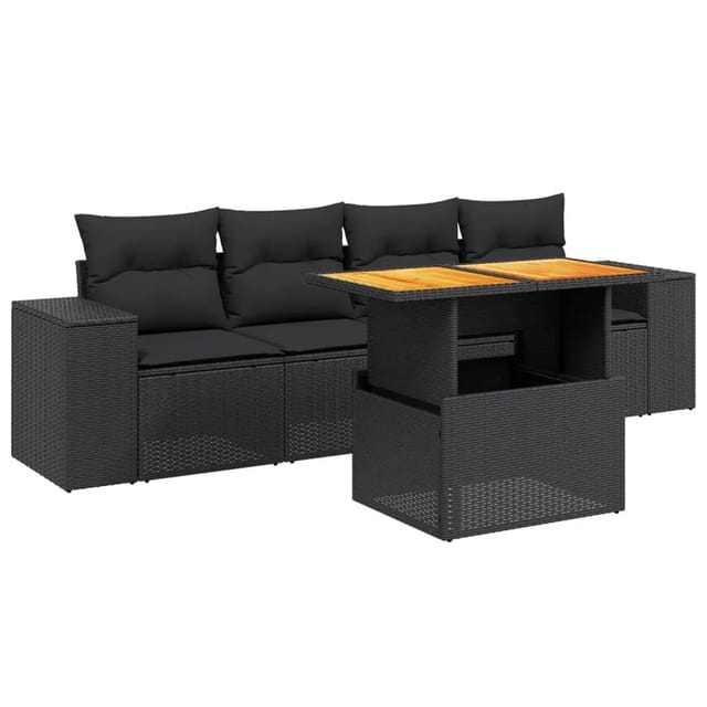 vidaXL 5-Tlg Garten-Sofagarnitur mit Kissen Schwarz Poly Rattan 3272511