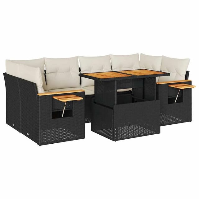 vidaXL 7-Tlg Garten-Sofagarnitur mit Kissen Schwarz Poly Rattan 3327563