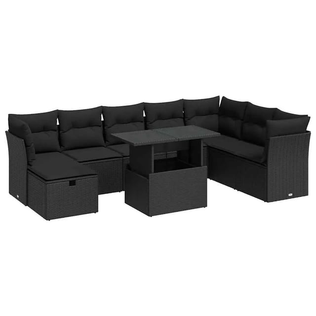 vidaXL 9-Tlg Garten-Sofagarnitur mit Kissen Schwarz Poly Rattan 3327795